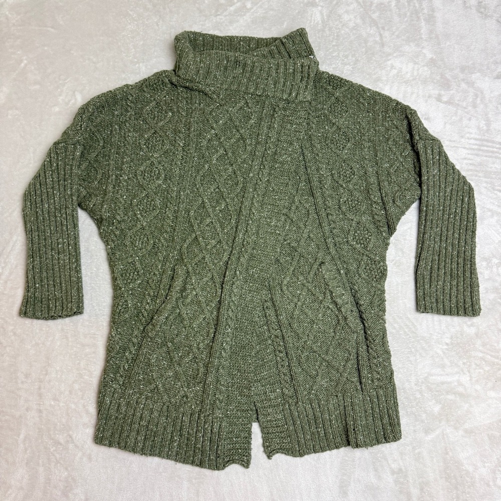 PrAna Delaney Duster Cardigan Sweater Women XL Green Cable Chunky Knit Cowl Neck